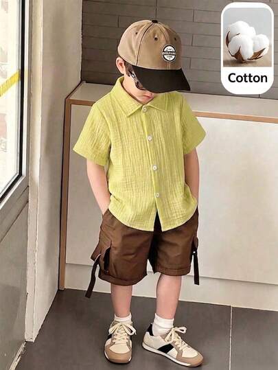 SHEIN Souflis Boys' Casual Pleated Asymmetrical Fabric Short Sleeve Knit Shirt, Summer