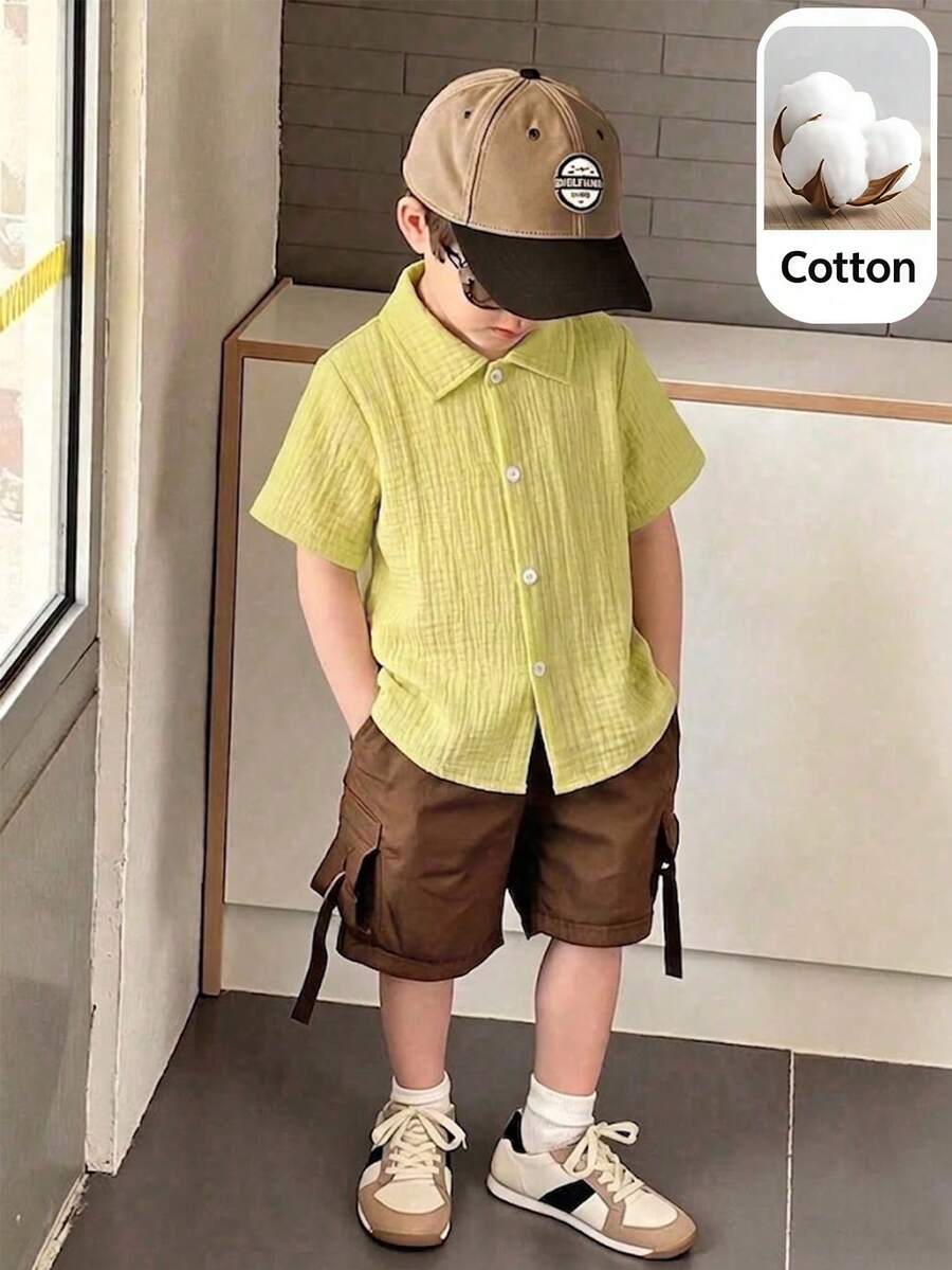 SHEIN Souflis Áo sơ mi dệt kim tay ngắn dáng suông bất đối xứng, kiểu dáng thường ngày cho bé trai, thích hợp cho mùa hè. - Màu vàng - Xem 1
