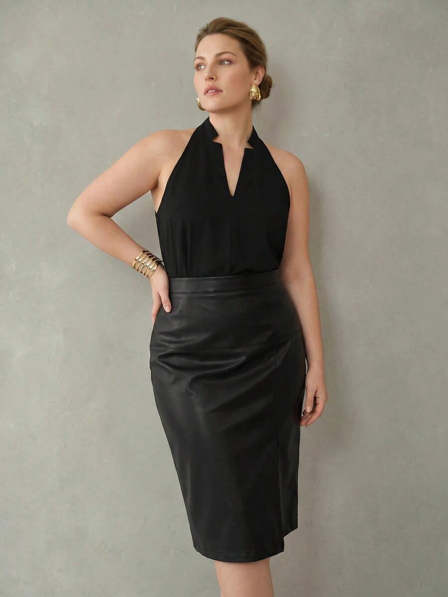 MOTF PREMIUM TOP SIN MANGAS NEGRO DE DISEÑO MINIMALISTA CON CUELLO ENTALLADO PARA MUJER TALLA GRANDE - Negro - Ver 1