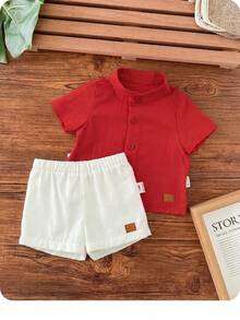 Set Baju Lengan Pendek dan Celana Pendek Pinggang Elastis Gaya Sekolah Kasual Lucu untuk Bayi Laki-laki Baru Lahir - Red and White - View 7