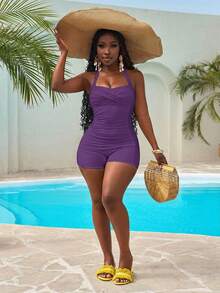 Slaydiva Women's Solid Color Minimalist One-Piece Swimsuit, Casual Camisole - Purple - View 6
