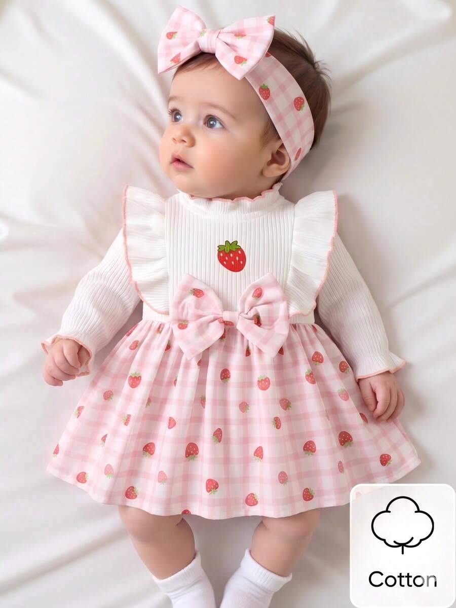 Newborn Baby Girl Ruffle Collar Long Sleeve A-Line Dress With 3D Bow Cute Light Pink Summer Fashionable Outing Photoshoot Elegant Dress