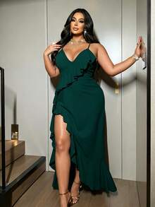 NU&NOW Plus Size Spaghetti Strap High Slit Ruffle Hem Red Party Dress - Green - View 2