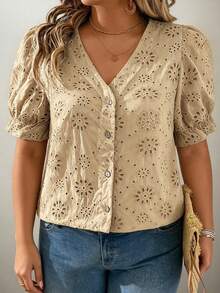 Flouryn Plus Size Women V-Neck Petal Sleeve Button Front Embroidered Blouse Vacation Khaki Summer Boho - Brown - View 6