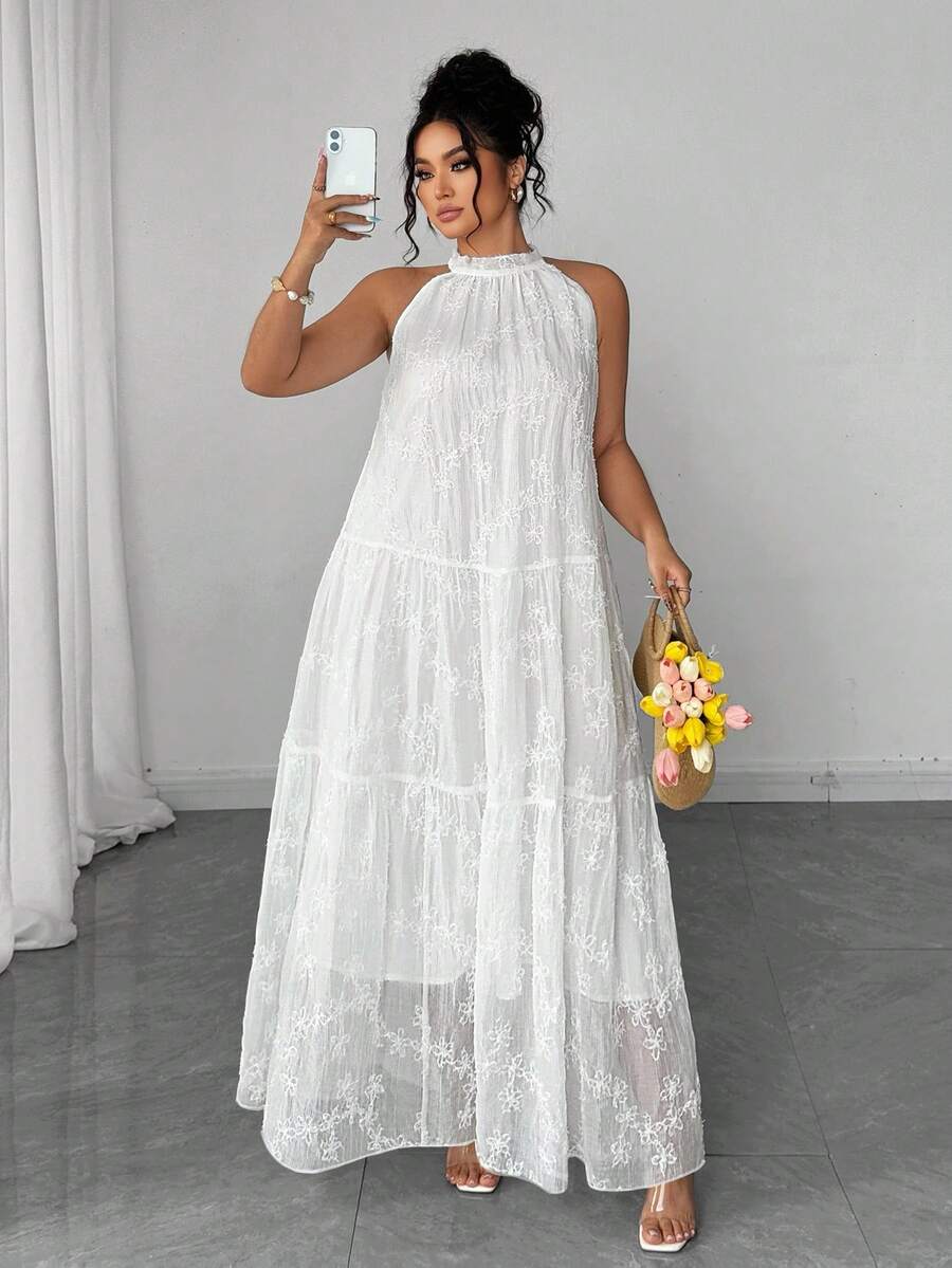 Elenzga Women Plus Size White Sleeveless Cold-Shoulder Romantic & Elegant Dress - White - View 1