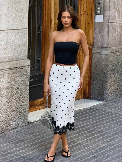 MainGRL Women's White Base Polka Dot Print Contrast Lace Bodycon Mini Skirt