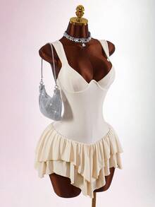 Amplova Wide Top Narrow Bottom Spaghetti Strap Underwire Bra Cup Inverted V Asymmetric Hem Backless Mini Dress For Women - Apricot - View 9