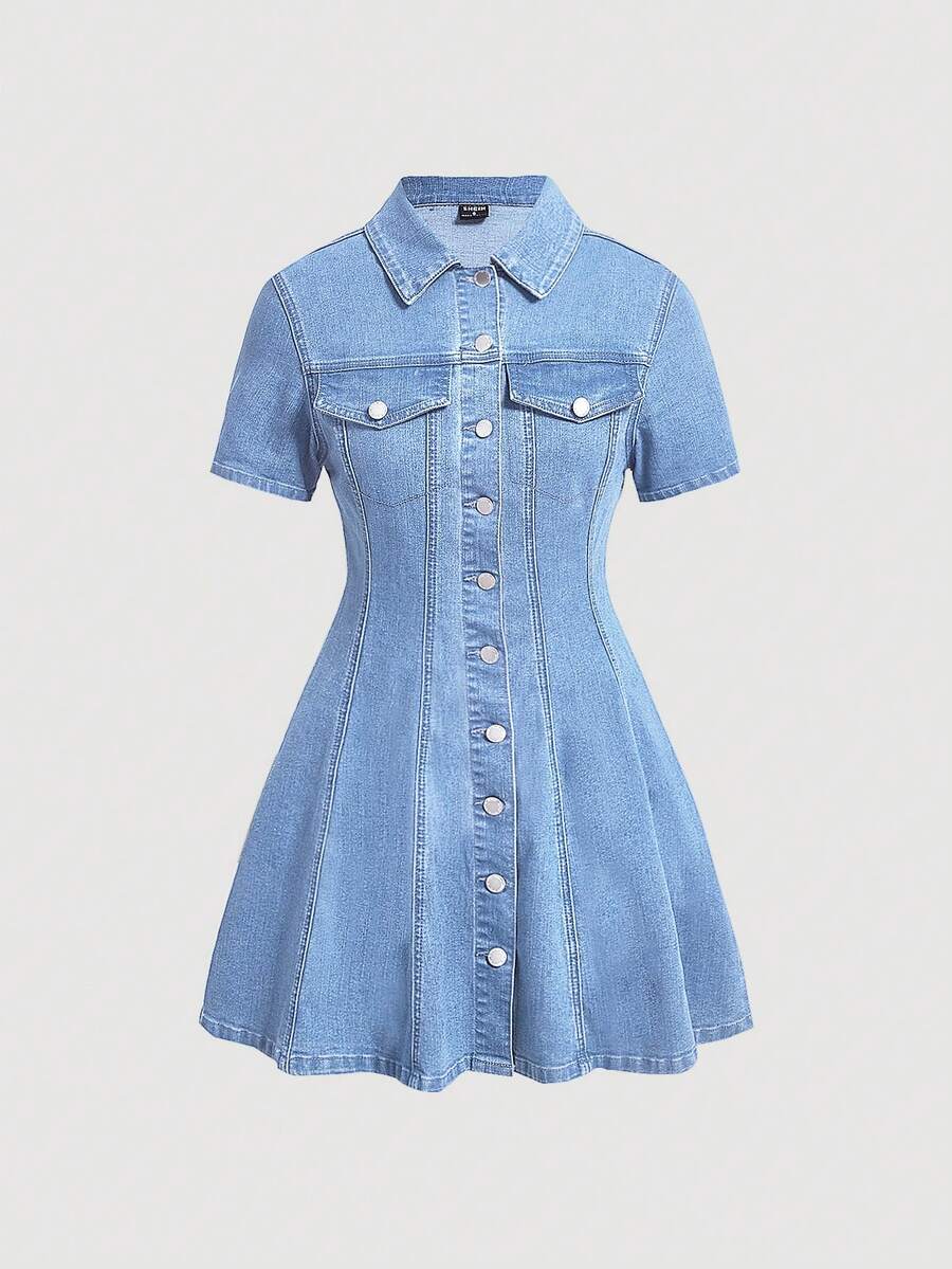 SHEIN MOD Women's Solid Color Front Button Fitted Summer Short Sleeve Denim Dress - Light Wash - View 1