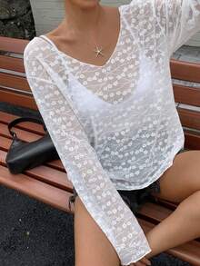 DAZY 女士宽松深V领长袖透视休闲上衣，都市街头风夏季T恤 - 白色 - 查看 4