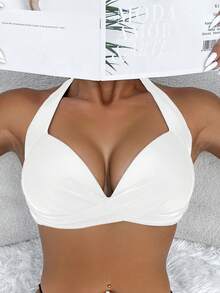Voyashape Top de traje de baño de un solo color con escote de halter para playa de verano - Blanco - Ver 5