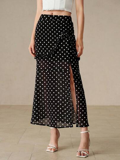 Aveloria Rosie Französischer Retro-eleganter Stadtpendler-Stil vielseitiges Frühlings-/Sommer-Neues Damenkleid, Schwarz-Weiß Polka Dot Chiffon halbtransparenter Stoff, A-Linie ausgestellter Maxirock mit unregelmäßigem gerüschtem Saum, Elastischer Bund, Sexy lässiges Bodycon-Unterkleid mit Futter, geeignet für Dates, Urlaub, Partys, Pendeln, Treffen mit Freunden, Strandausflüge