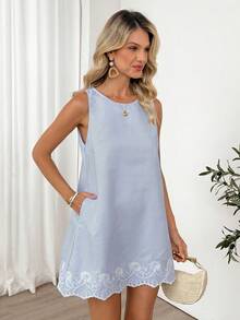 Vestido casual de mujer sin mangas de línea A en color rosa con bolsillos acolchados, conjunto elegante de vacaciones, estilo retro lujoso - Azul y blanco - Ver 3