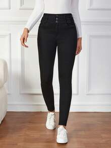EMERY ROSE High Waist Button Fly Skinny Jeans - Black - View 6
