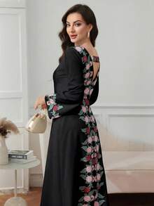 Al Najma Gaun Wanita Elegan Lengan Panjang Berbordir Gaya Arab - Hitam - View 6