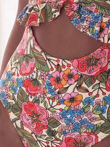 Bonvoyette Traje de baño de una pieza con cuello en V profundo, volantes en la espalda y tirantes ajustables, con estampado floral colorido y aleatorio para mujeres, Primavera/Verano 2026 - Multicolor - Ver 5