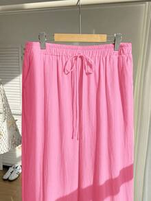 Comfortcana Pantalones anchos casuales de verano para mujer talla grande, de unicolor con cordón en la cintura - Rosa Fucsia - Ver 14