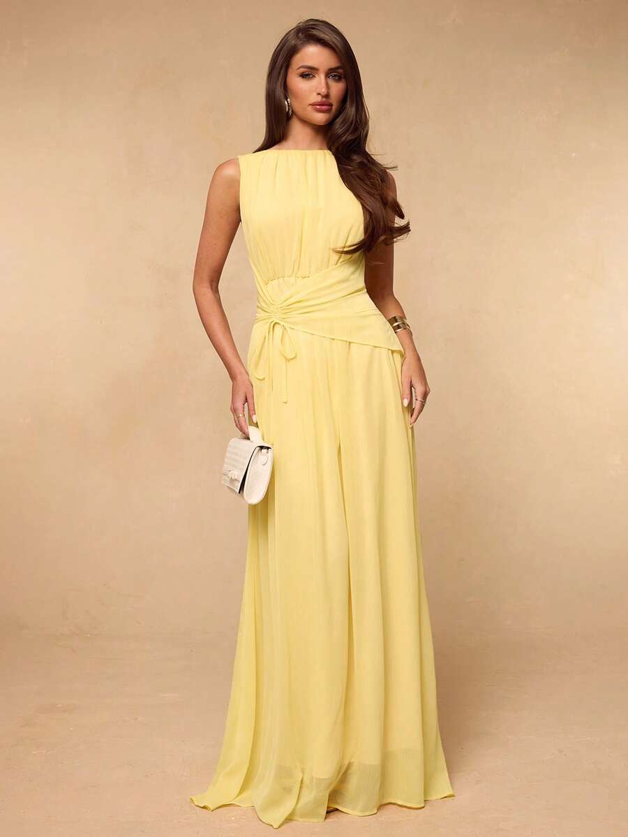 SHEIN BAE Vestido maxi de gasa con volantes ajustado sin mangas, vestido elegante y sexy, vestido romántico, vestido para cita, cita romántica, fiesta, ocasión formal, vestido de dama de honor, Día de San Valentín, vestido de verano para mujer - Amarillo claro - Ver 1