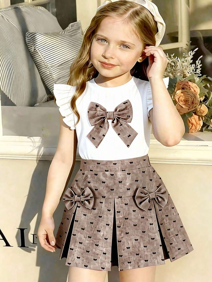 Elladie kids 2件組女童圓領喇叭袖蝴蝶結裝飾T恤與鬆緊腰裙,提花針織套裝,適合夏季日常、旅行、派對 - 卡其色 - 查看 1