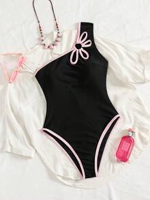 Swim SPRTY Women's Latest Fashion Hollow Out Contrast Color Petal Monokini Swimsuit, Suitable For Spring, Summer And Autumn Beach Holiday Pool Party Holiday Black Athletic - Multicolor - View 4