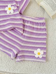 LMoss Kids 2pcs Baby Girl Knitted Striped Round Neck T-Shirt And Shorts Set - Mauve Purple - View 7
