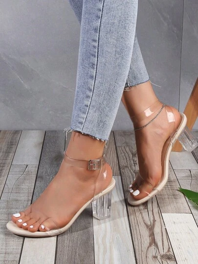 Sandalias de mujer transparentes punta cuadrada tira ancha tacón acrílico casual y fiesta verano