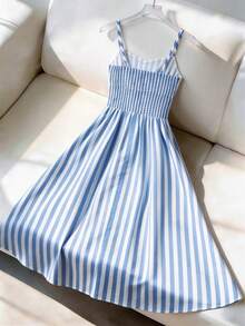 SHEIN Holidaya Women's Summer Blue And White Stripe Spaghetti Strap Midi Dress, Hollow Lace Waist A Line Dress, Lightweight Elegant Boho Chic Outfit For Beach - Baby Blue - View 2