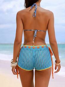 Bellisia Women's Colorblock Starfish Pattern Casual Tropical Vacation Swimsuit Cover-Up Shorts Set Beach White Turquoise Summer - Beige - View 8