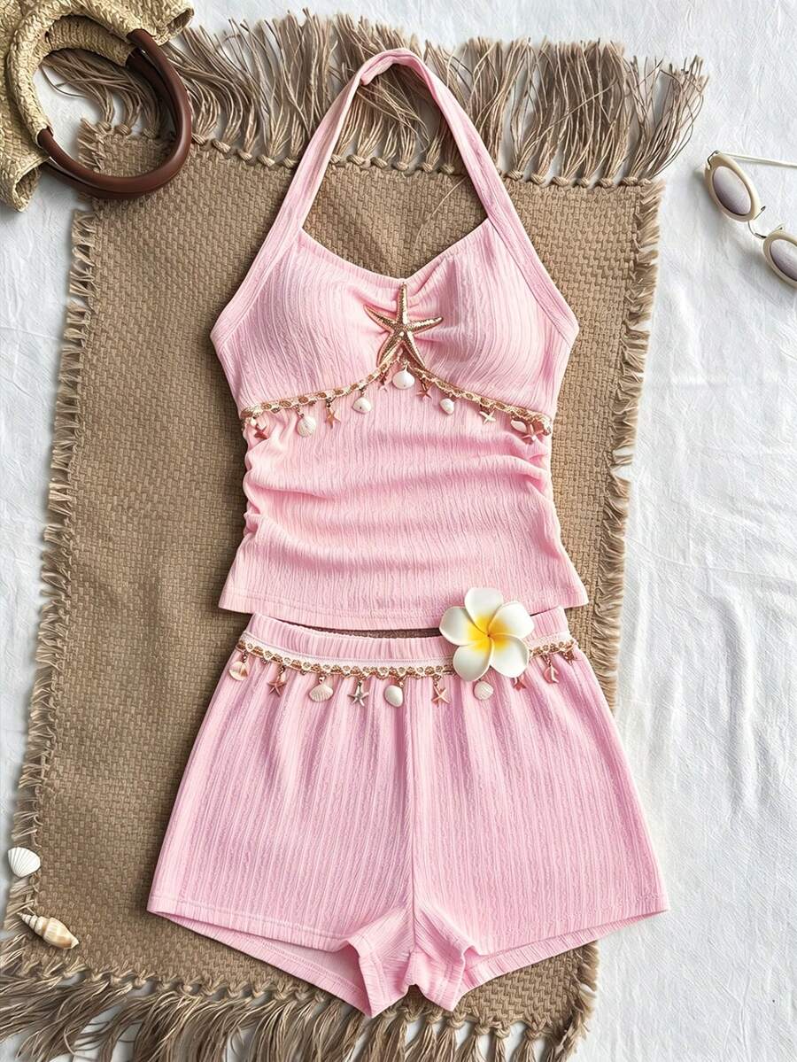 Tween Girls 2pcs/Set Solid Color Metal Decor Halter Top And Shorts Casual Daily Outfit, Summer, Minimalist, Comfortable - Pink - View 1