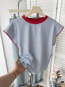 SHEIN 少女休闲简约Y2K黑白波点印花褶皱系带露脐上衣 - 藍白色 - 查看 5