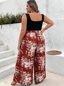 SHEIN CURVE+ Bộ jumpsuit thời trang tối giản dành cho người có vóc dáng ngoại cỡ, thích hợp mặc hàng ngày, phong cách boho hoặc đi nghỉ mát. - màu nâu - Xem 2