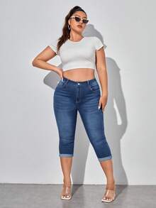 SHEIN Lady Celana Jeans Panjang 3/4 Gaya Jalanan Modis untuk Wanita Ukuran Plus - Medium Wash - View 3