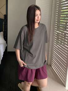 Dazy Plus 两件套休闲家居服，宽松短袖上衣和松紧腰短裤，春夏大码女式睡衣 - 灰色 - 查看 3