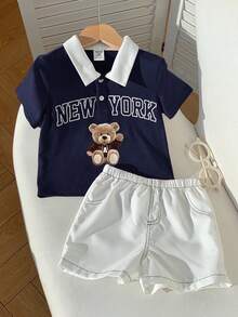 SHEIN 2件套幼儿男童休闲可爱撞色泰迪熊印花短袖polo衫和白色短裤套装，男婴服装，短袖上衣 - 彩色 - 查看 6