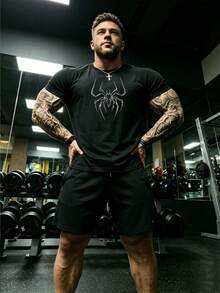 Sport MetroGents Áo thun nam size lớn cổ tròn in họa tiết nhện, phong cách casual đa năng mặc hàng ngày & thể thao, tập gym - màu đen - Xem 8