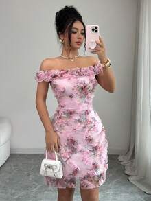 Elenzga Women's Light Pink Elegant Romantic Mesh Printed Ruched Waist Short Dress, Suitable For Wedding Season, Party, Date, Casual Outing, Spring/Summer - Pink - View 4