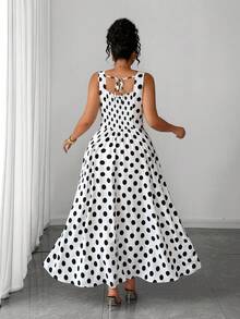 Rometta Vestido vintage de mujer talla grande de verano, nuevo, de gasa, con lunares blanco y negro, cuello cuadrado y cintura con cordón, que estiliza la figura. Adecuado para el uso diario, citas, compras, vacaciones/viajes, playa - Blanco y Negro - Ver 10