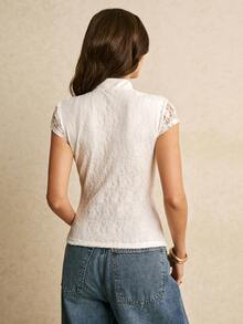 Poéselle Women's Metal Buckle Design Lace Trim Elegant Blouse - White - View 5