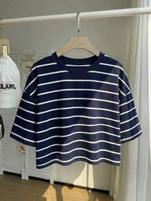 Comfortcana Plus Size Casual Striped Short Sleeve T-Shirt, Loose Fit, Spring/Summer - Black and White - View 1