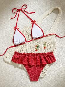 Swim Mod 2pcs Polka Dot Print Triangle Halter Bikini Set With Ruffle Hem Bottoms, Cute Girl Swimwear - Multicolor - View 2