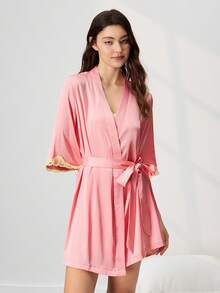 LUVLETTE Áo ngủ nữ màu hồng gợi cảm, chất liệu satin mềm mại, sang trọng, viền ren, thắt nơ phía trước, thoáng mát, thích hợp mặc ở nhà. - Bụi hồng - Xem 10