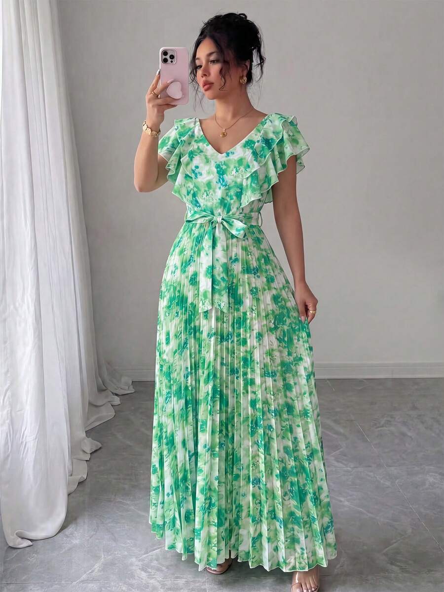 Selianne V领数码印花度假风荷叶边腰身A字优雅浪漫女装 - 綠色 - 查看 1