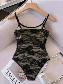 SHEIN Franclia Women's Solid Color Spaghetti Strap Lace Sleeveless Sexy Bodysuit Night Out Black Lace Summer - Multicolor - View 2