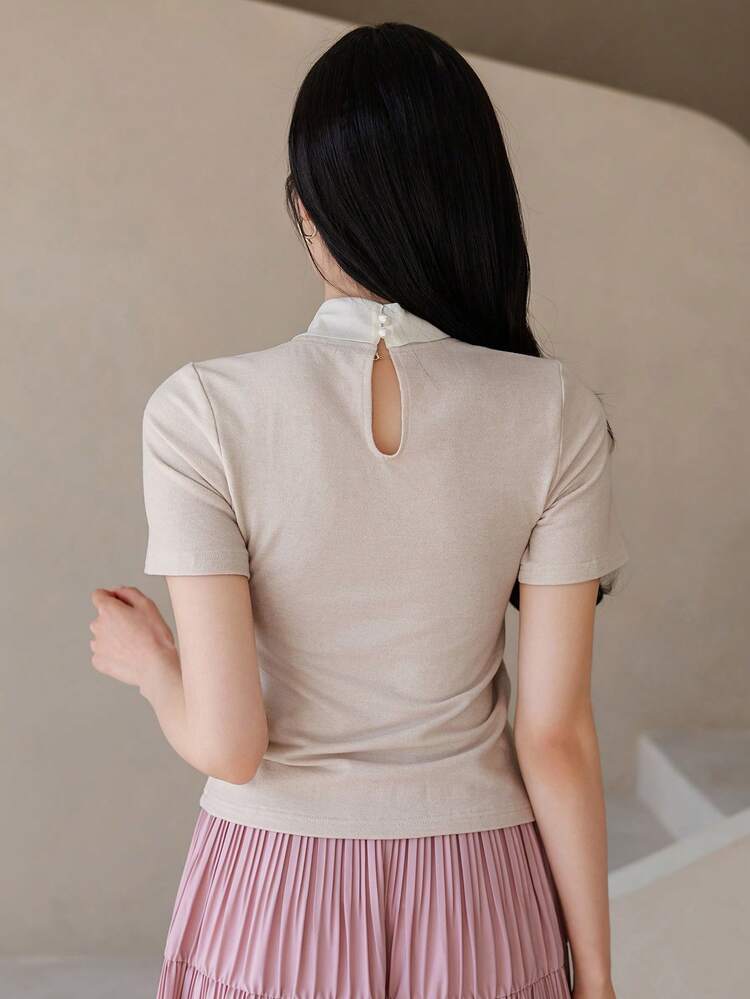 Spring & Summer Bow Ribbon Knit Short Sleeve T-Shirt, Unique Youthful Top For Women