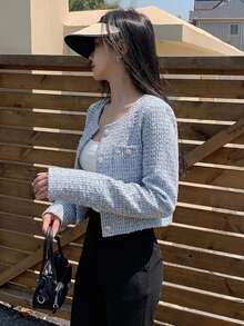 DAZY Plaid Pattern Short Round Neckline Open Front Long Sleeves Jacket - Blue - View 9