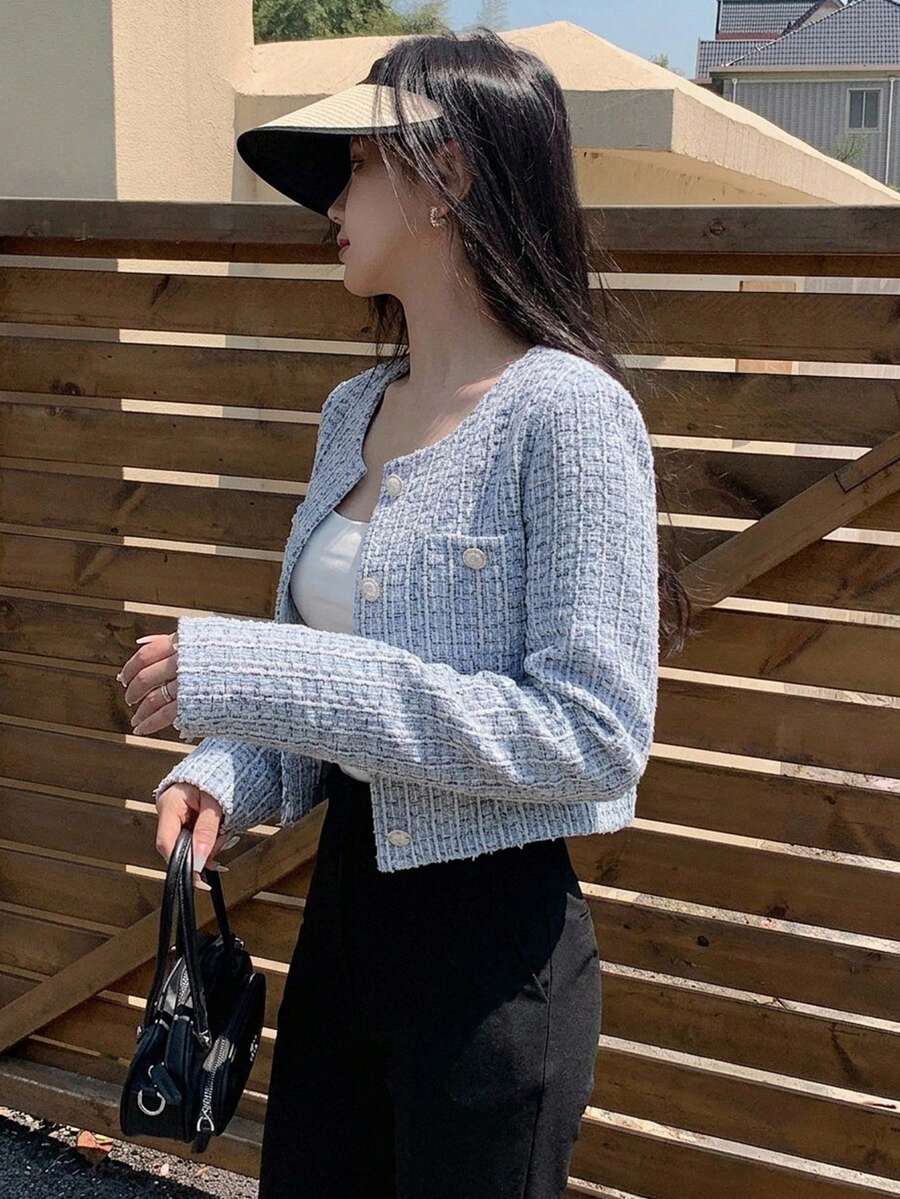 DAZY Plaid Pattern Short Round Neckline Open Front Long Sleeves Jacket - Blue - View 1