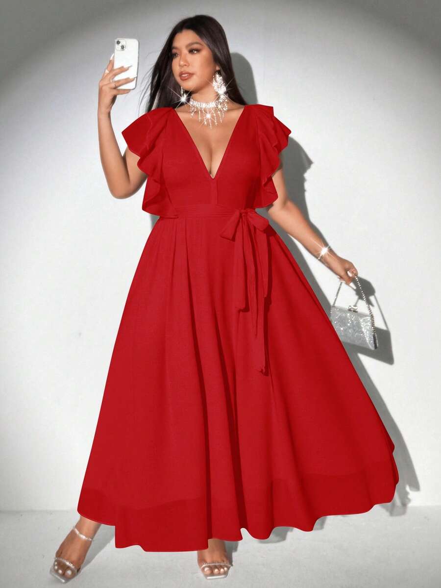 Viva Relle Gaun Chiffon A-Line Lengan Ruffle Leher V Elegan Romantis untuk Wanita Ukuran Plus - Merah - View 1