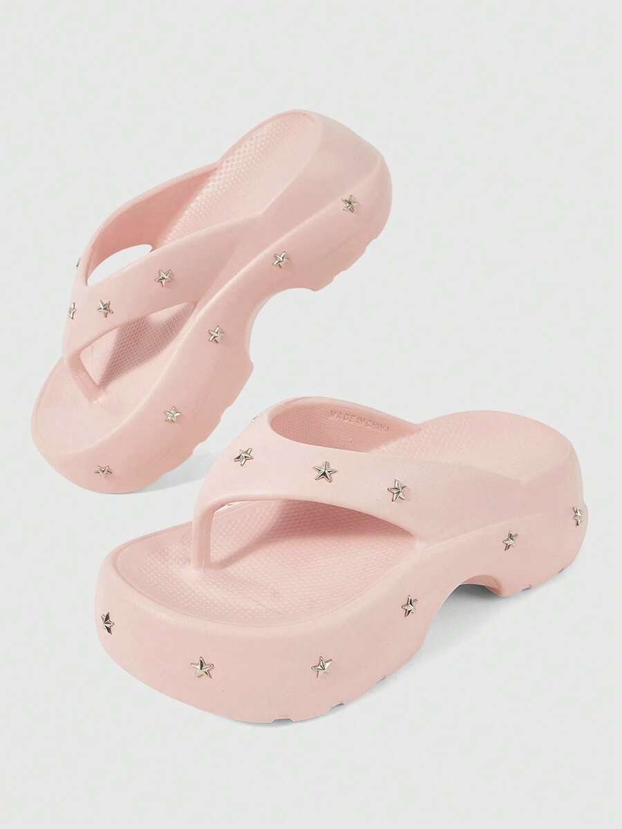 ROMWE Grunge Punk Sepatu Wanita Sandal Pink Rock Punk, Sandal Jepit Musim Panas Bertali Terbuka dengan Hiasan Paku Keling Gaya Goth Pantai Roman, Sepatu Musim Panas - Merah muda + paku keling - View 1