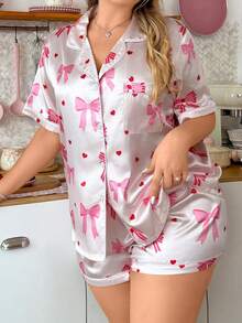 Slumberry CURVE Cute Ins Style Bow & Heart Print Lapel Cardigan Plus Size Women Pajama Set - Multicolor - View 1