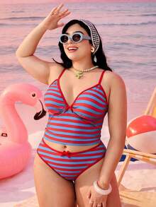 Swim Mod Plus Size Women 2-Piece Light Blue Striped Bikini Swimsuit,Summer Comfy Beach Holiday Vacation Modest Bow High Waist High Leg Opening Set - Red - View 5