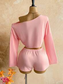 Soleia 2pcs Women Solid Color Asymmetrical Shoulder Long Sleeve Cropped Top And Shorts Set,Summer Outfits For Women - Baby Pink - View 2